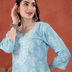 Women Printed Thread Work Notch Neck Pure Cotton Straight Kurta