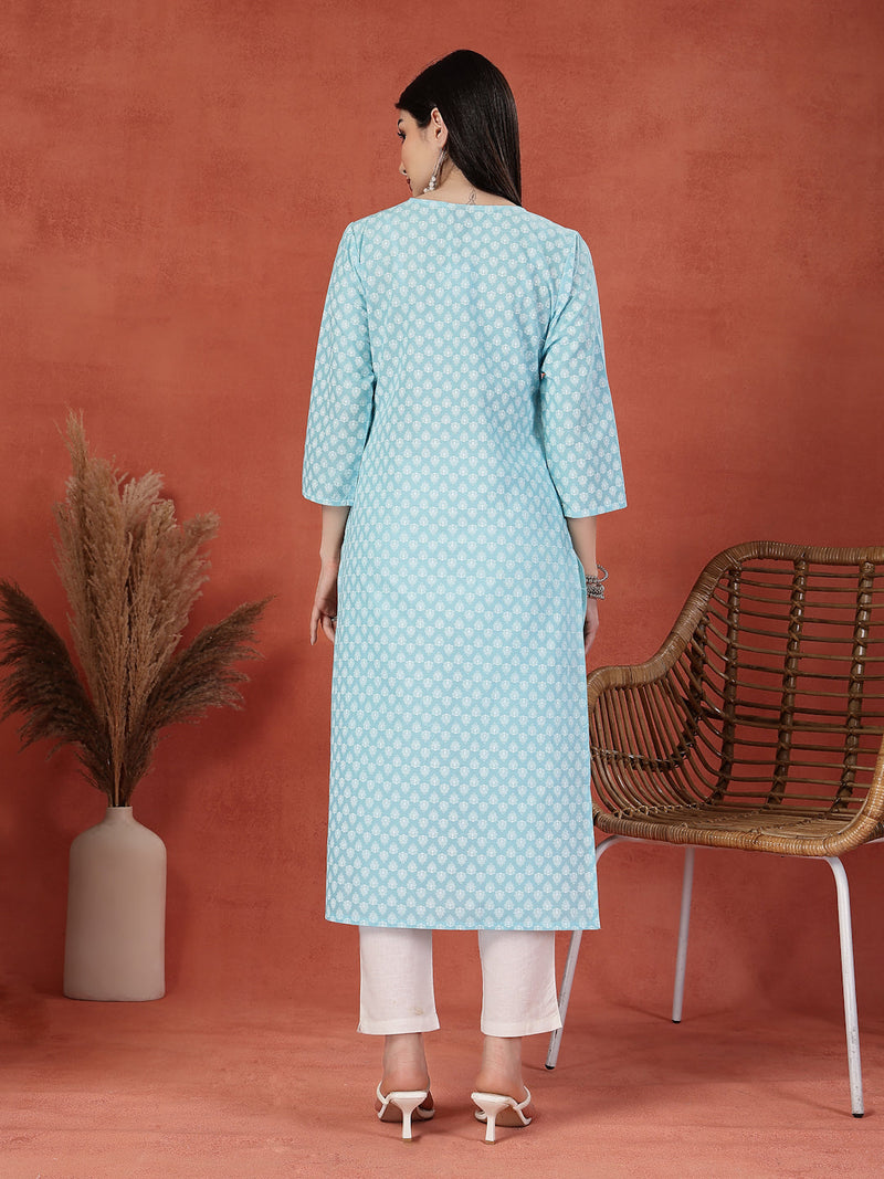Women Embroidery Notch Neck Pure Cotton Straight Kurta