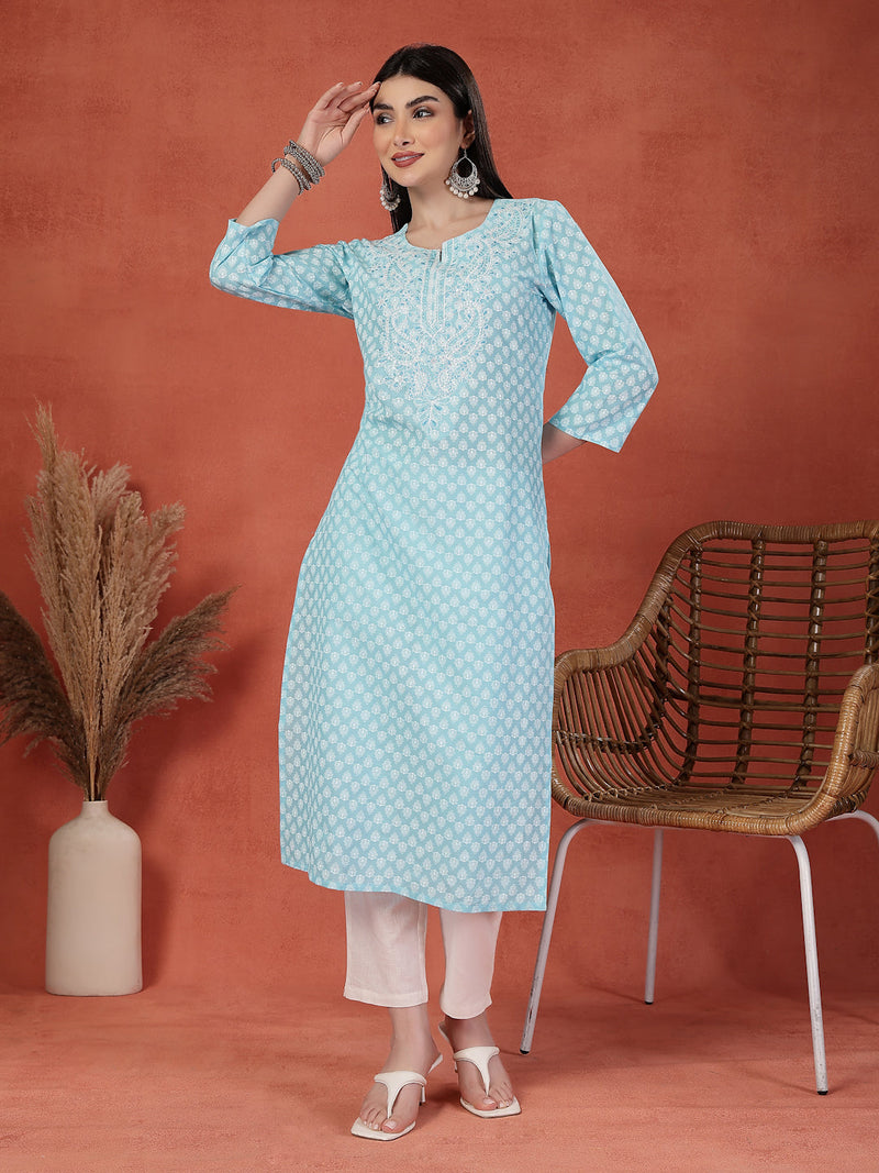 Women Embroidery Notch Neck Pure Cotton Straight Kurta