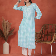 Women Embroidery Notch Neck Pure Cotton Straight Kurta