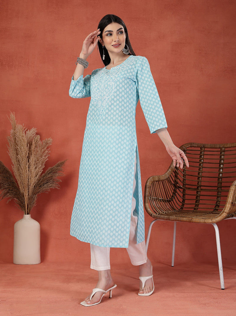 Women Embroidery Notch Neck Pure Cotton Straight Kurta