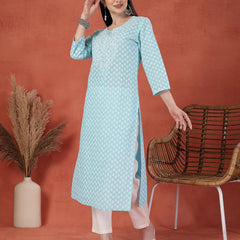 Women Embroidery Notch Neck Pure Cotton Straight Kurta