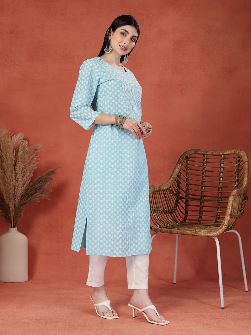 Women Embroidery Notch Neck Pure Cotton Straight Kurta