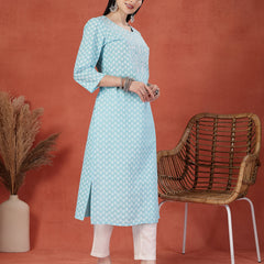 Women Embroidery Notch Neck Pure Cotton Straight Kurta