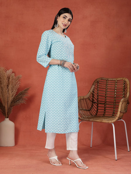 Women Embroidery Notch Neck Pure Cotton Straight Kurta