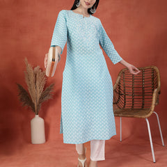 Women Embroidery Notch Neck Pure Cotton Straight Kurta