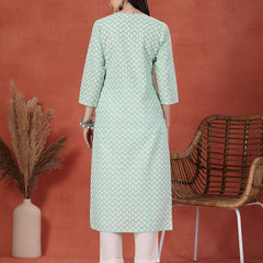Women Green Printed Round Neck Straight Cotton Kurta
