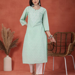 Women Green Printed Round Neck Straight Cotton Kurta