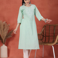 Women Green Printed Round Neck Straight Cotton Kurta