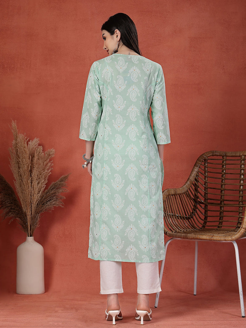 Women Green Color Paisley Printed Thread Work Notch Neck Pure Cotton Straight Kurta