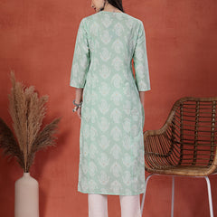 Women Green Color Paisley Printed Thread Work Notch Neck Pure Cotton Straight Kurta