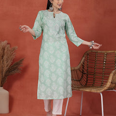 Women Green Color Paisley Printed Thread Work Notch Neck Pure Cotton Straight Kurta