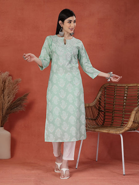 Women Green Color Paisley Printed Thread Work Notch Neck Pure Cotton Straight Kurta