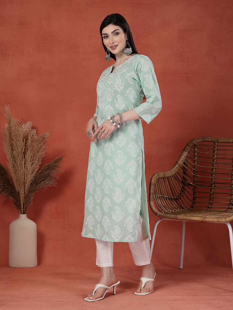 Women Green Color Paisley Printed Thread Work Notch Neck Pure Cotton Straight Kurta