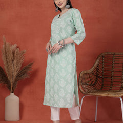Women Green Color Paisley Printed Thread Work Notch Neck Pure Cotton Straight Kurta