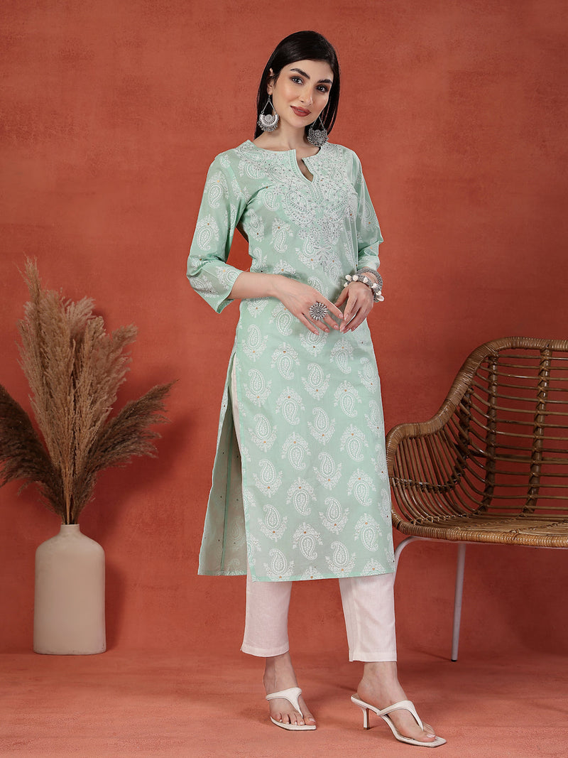 Women Green Color Paisley Printed Thread Work Notch Neck Pure Cotton Straight Kurta