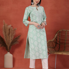 Women Green Color Paisley Printed Thread Work Notch Neck Pure Cotton Straight Kurta