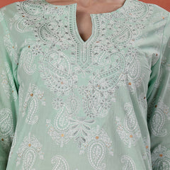 Women Green Color Paisley Printed Thread Work Notch Neck Pure Cotton Straight Kurta