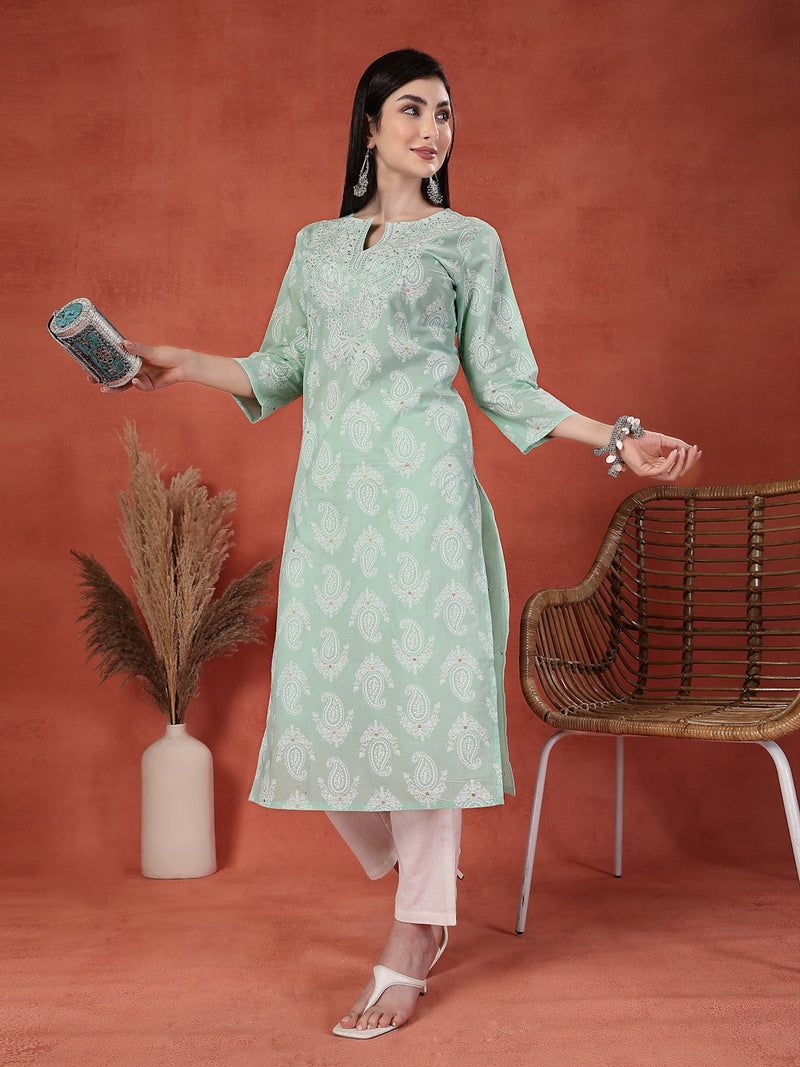 Women Green Color Paisley Printed Thread Work Notch Neck Pure Cotton Straight Kurta