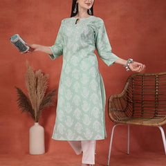 Women Green Color Paisley Printed Thread Work Notch Neck Pure Cotton Straight Kurta