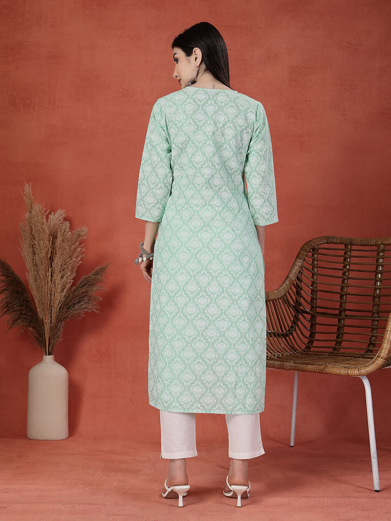 Women Sea Green Floral Printed Thread Work Notch Neck Pure Cotton Straight Kurta
