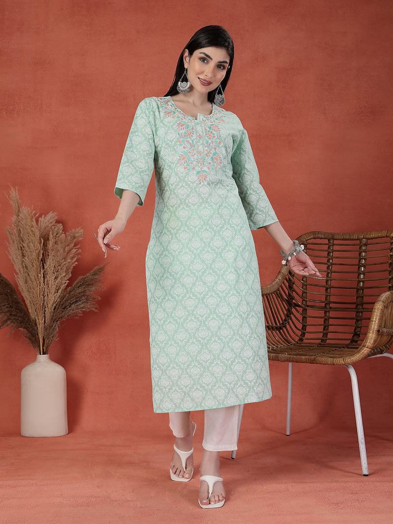 Women Sea Green Floral Printed Thread Work Notch Neck Pure Cotton Straight Kurta