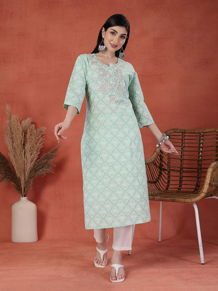 Women Sea Green Floral Printed Thread Work Notch Neck Pure Cotton Straight Kurta