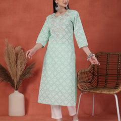 Women Sea Green Floral Printed Thread Work Notch Neck Pure Cotton Straight Kurta