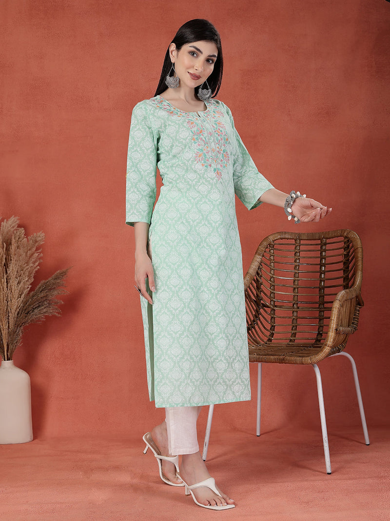 Women Sea Green Floral Printed Thread Work Notch Neck Pure Cotton Straight Kurta