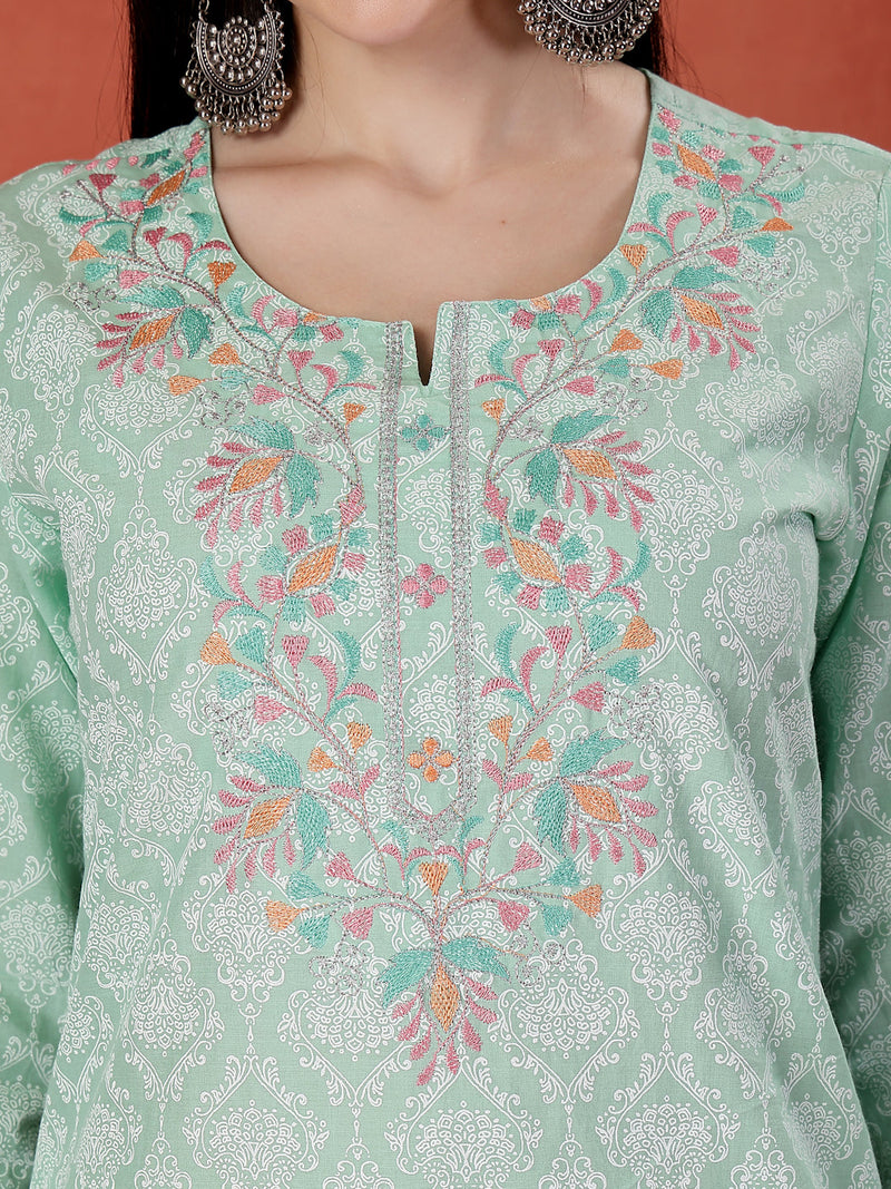 Women Sea Green Floral Printed Thread Work Notch Neck Pure Cotton Straight Kurta
