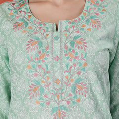Women Sea Green Floral Printed Thread Work Notch Neck Pure Cotton Straight Kurta