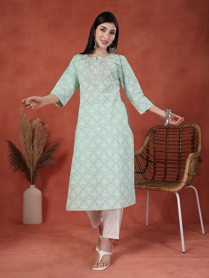 Women Sea Green Floral Printed Thread Work Notch Neck Pure Cotton Straight Kurta