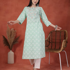 Women Sea Green Floral Printed Thread Work Notch Neck Pure Cotton Straight Kurta