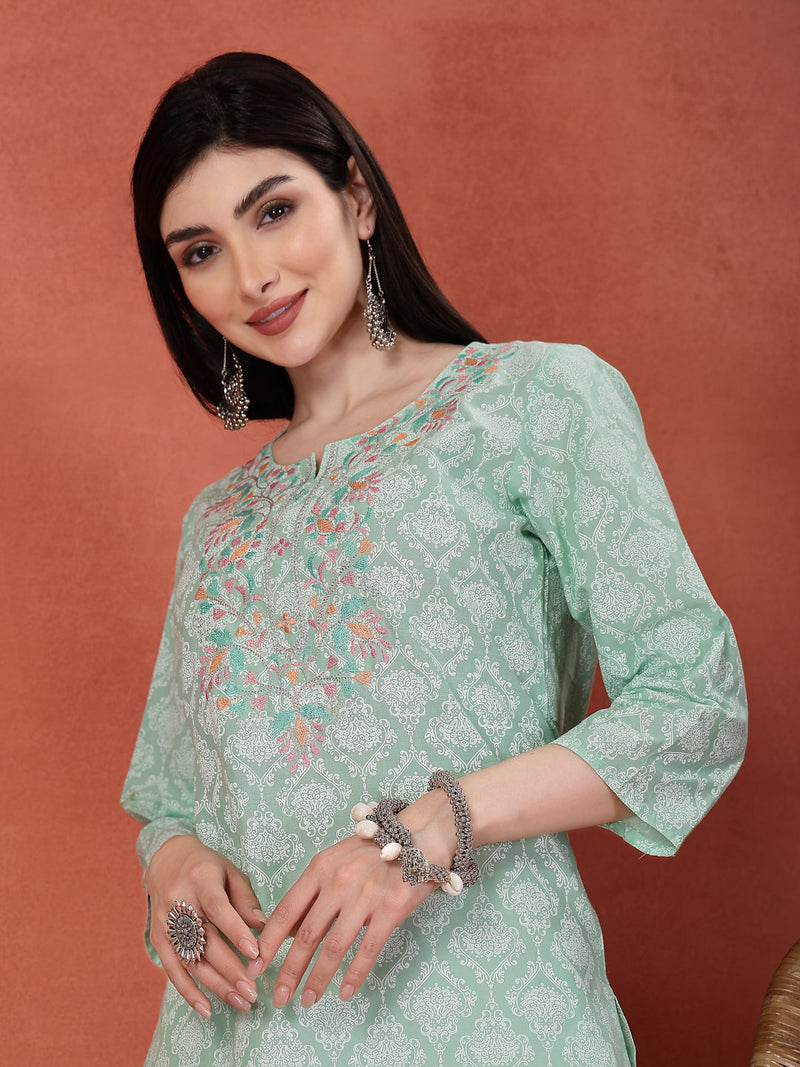 Women Sea Green Floral Printed Thread Work Notch Neck Pure Cotton Straight Kurta