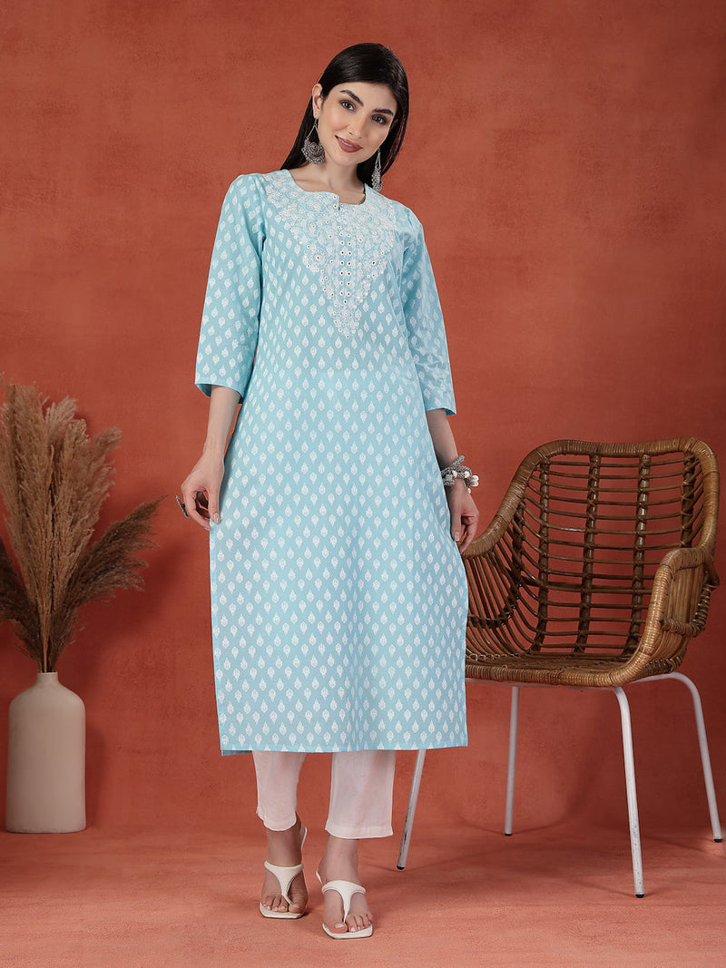 Women Embroidered Round Neck Straight Kurta