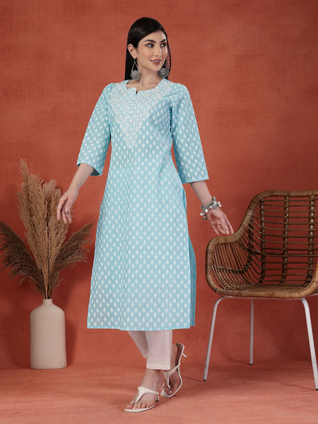 Women Embroidered Round Neck Straight Kurta