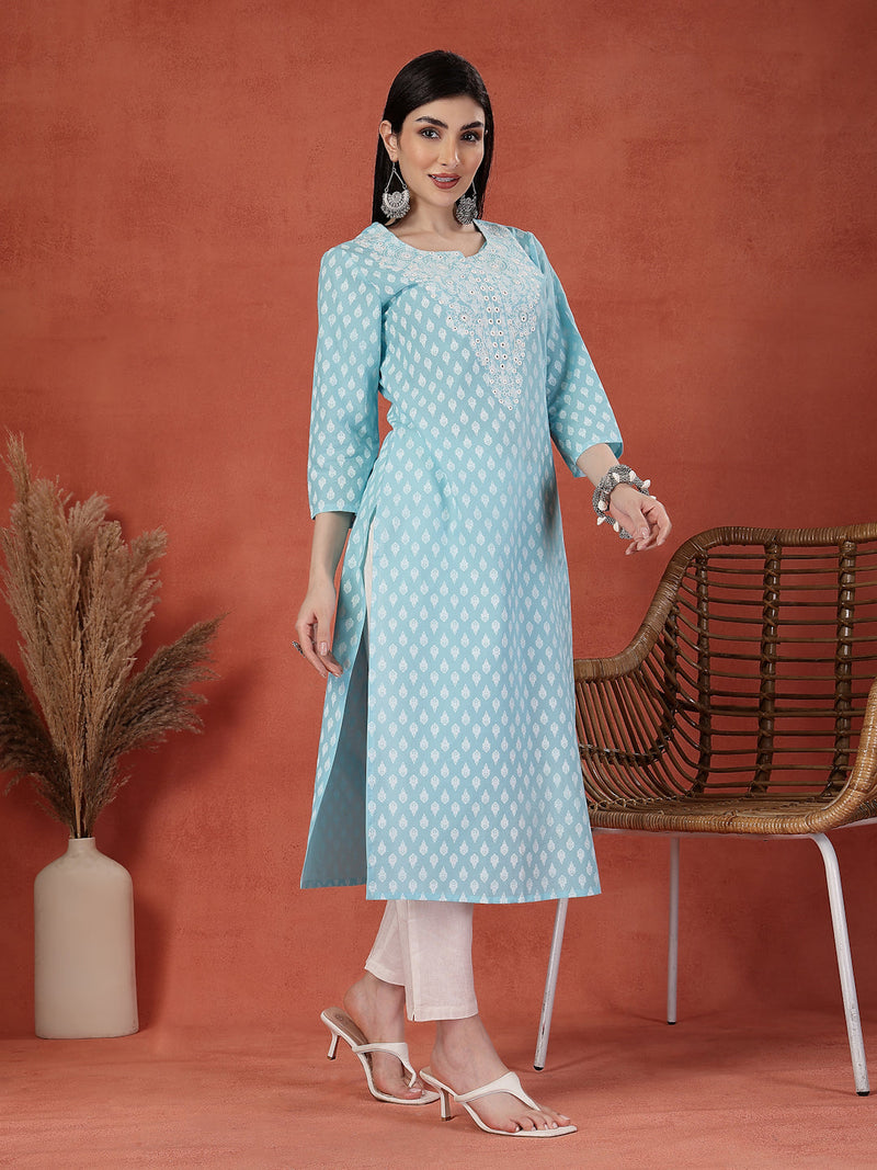 Women Embroidered Round Neck Straight Kurta