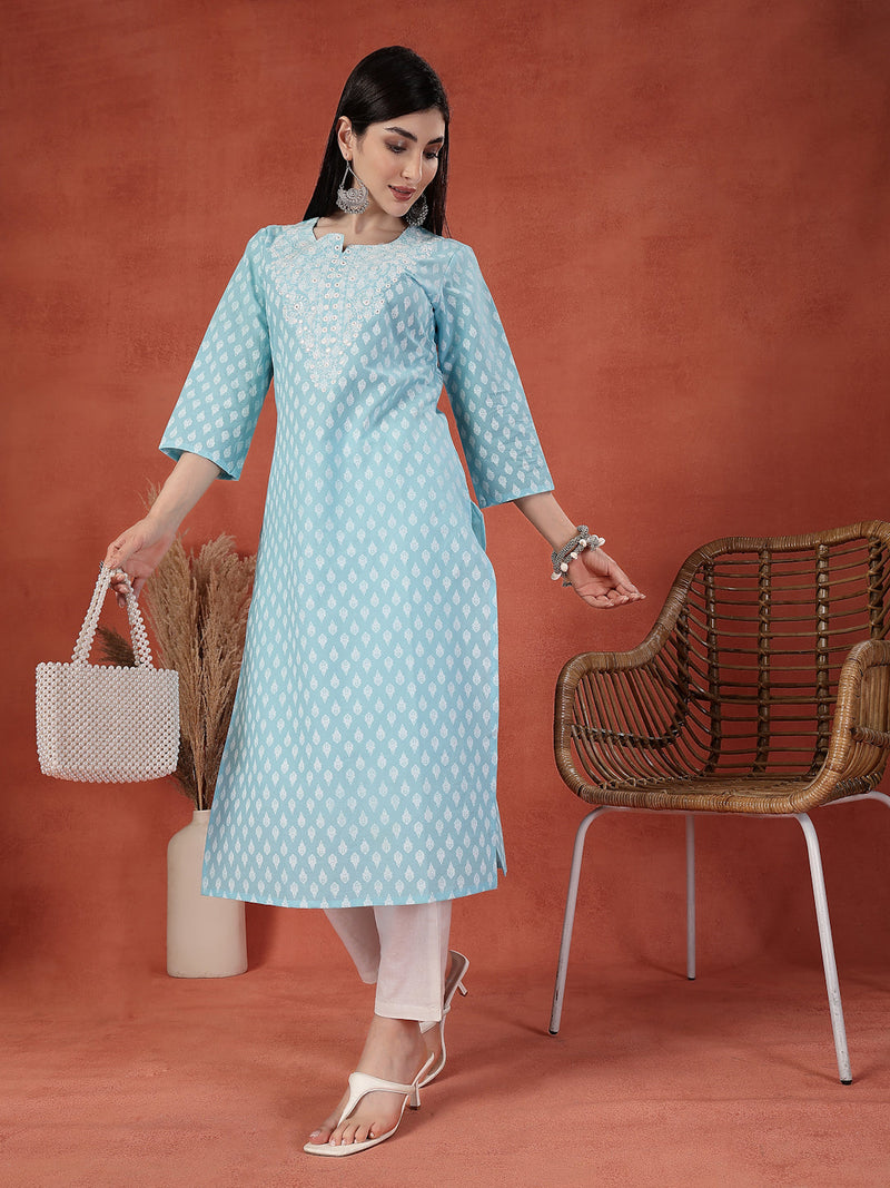 Women Embroidered Round Neck Straight Kurta