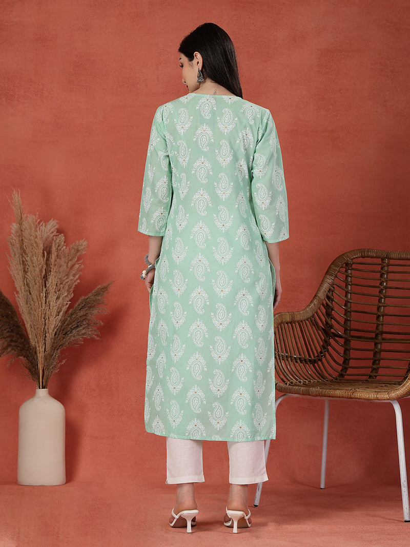 Women Paisley Printed Thread Work Notch Neck Pure Cotton Straight Kurta