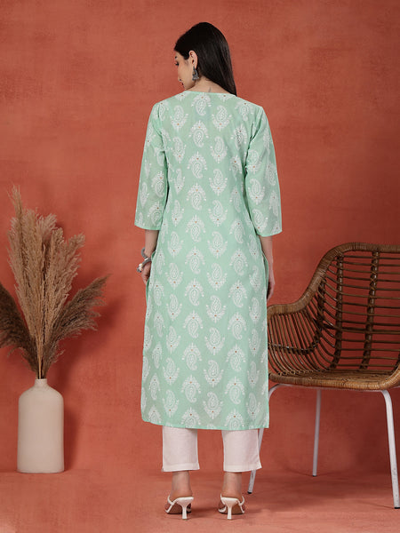 Women Paisley Printed Thread Work Notch Neck Pure Cotton Straight Kurta