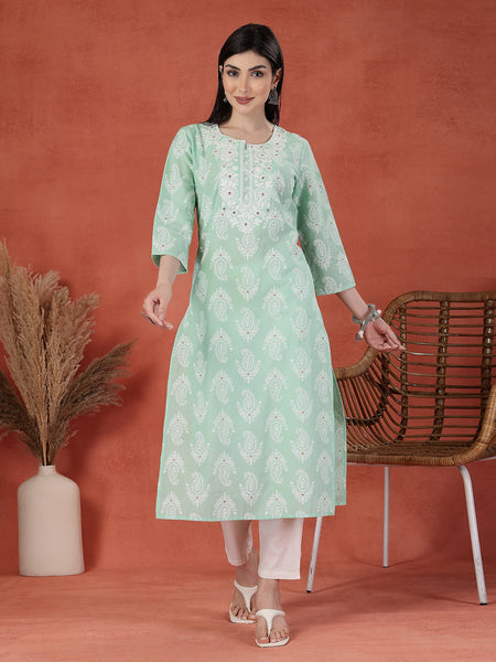Women Paisley Printed Thread Work Notch Neck Pure Cotton Straight Kurta
