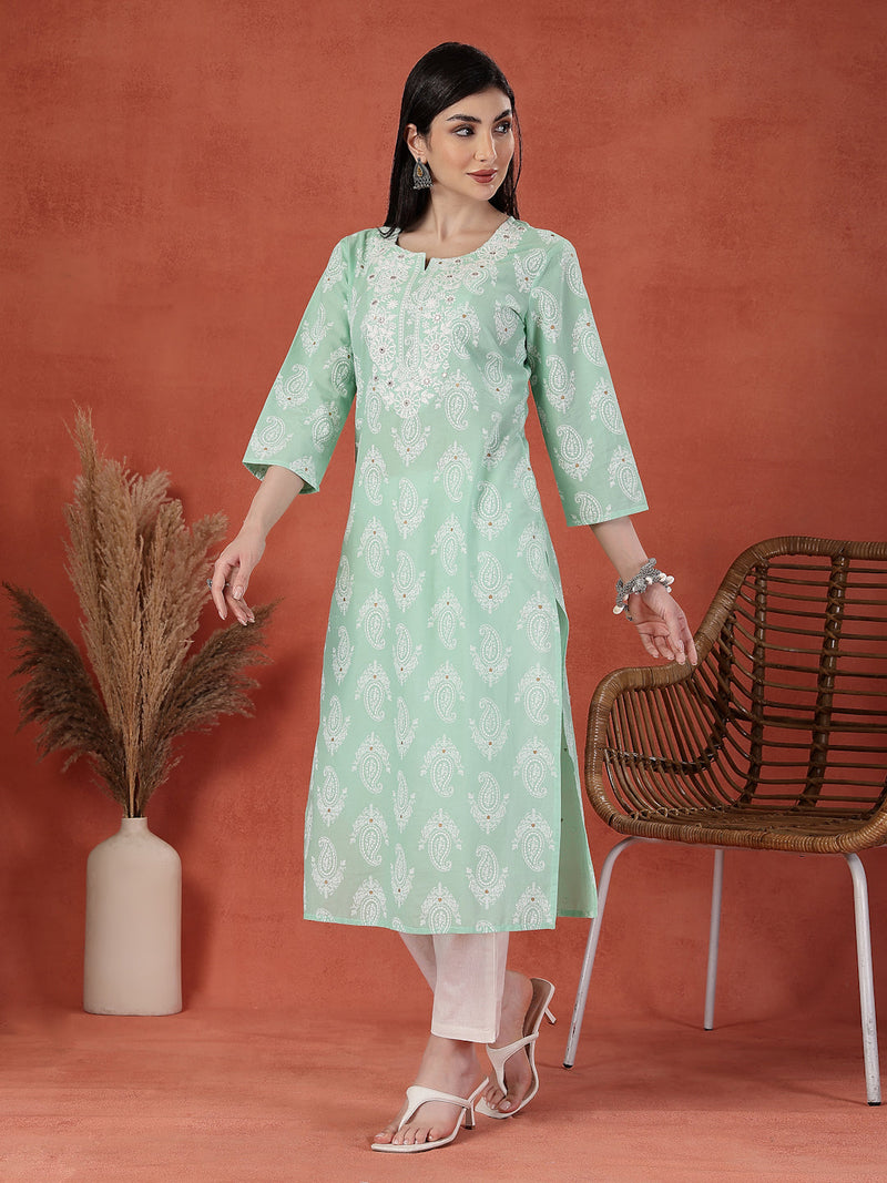 Women Paisley Printed Thread Work Notch Neck Pure Cotton Straight Kurta