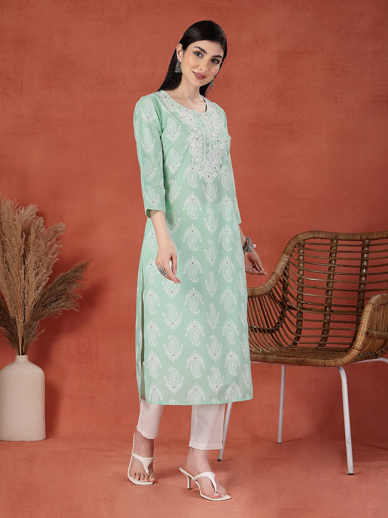 Women Paisley Printed Thread Work Notch Neck Pure Cotton Straight Kurta