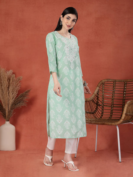 Women Paisley Printed Thread Work Notch Neck Pure Cotton Straight Kurta