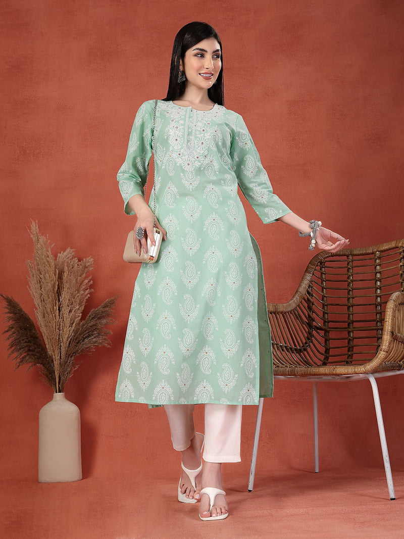 Women Paisley Printed Thread Work Notch Neck Pure Cotton Straight Kurta