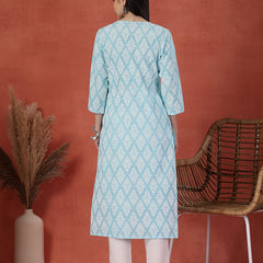 Women Floral Printed Thread Work Notch Neck Pure Cotton Straight Kurta