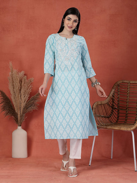 Women Floral Printed Thread Work Notch Neck Pure Cotton Straight Kurta