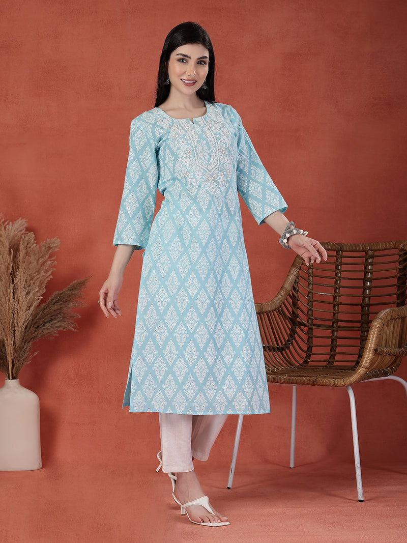 Women Floral Printed Thread Work Notch Neck Pure Cotton Straight Kurta