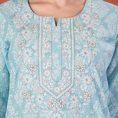 Women Floral Printed Thread Work Notch Neck Pure Cotton Straight Kurta