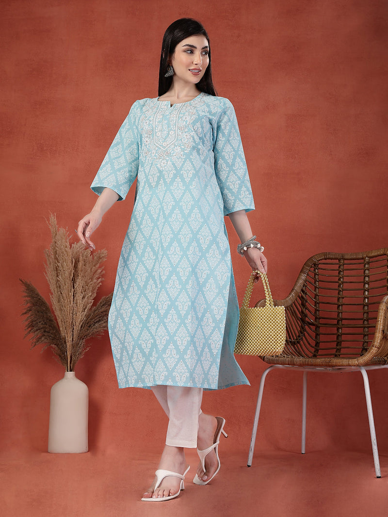 Women Floral Printed Thread Work Notch Neck Pure Cotton Straight Kurta